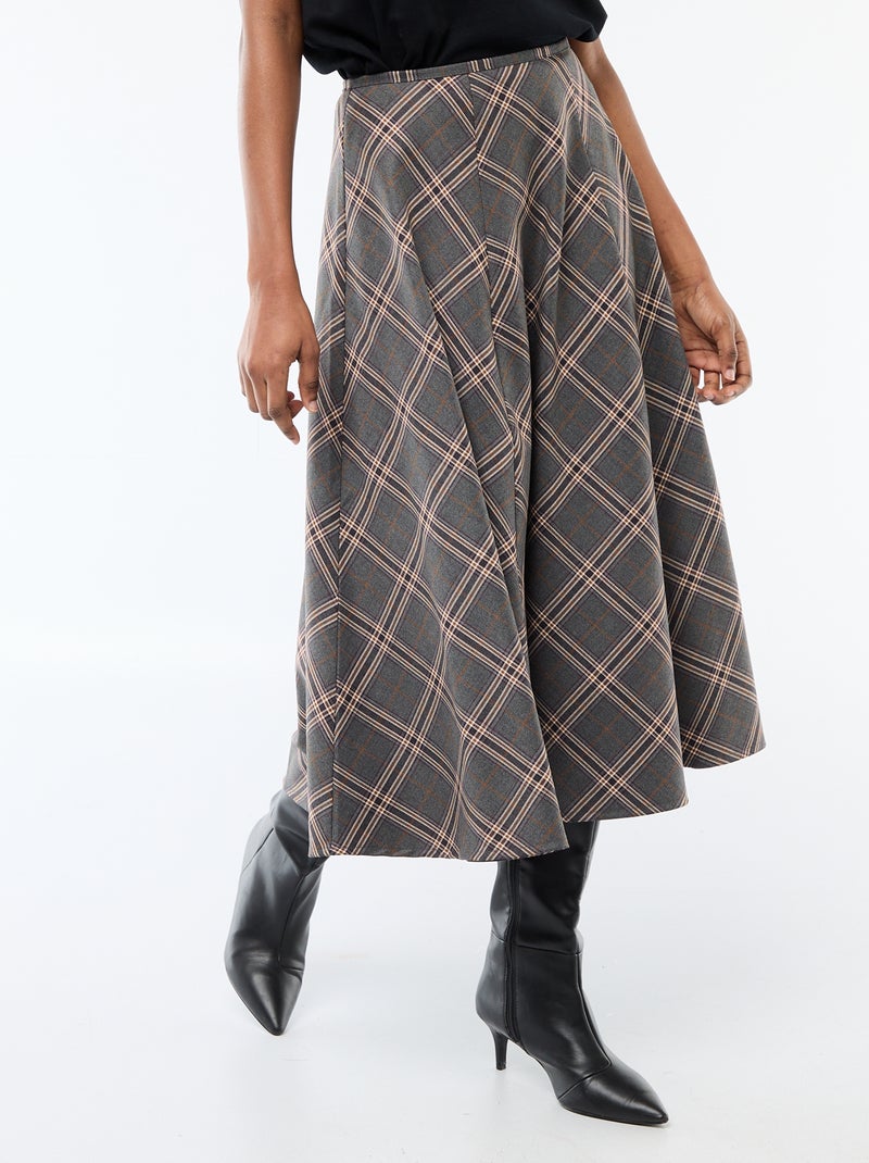Falda midi de cuadros Gris - Kiabi