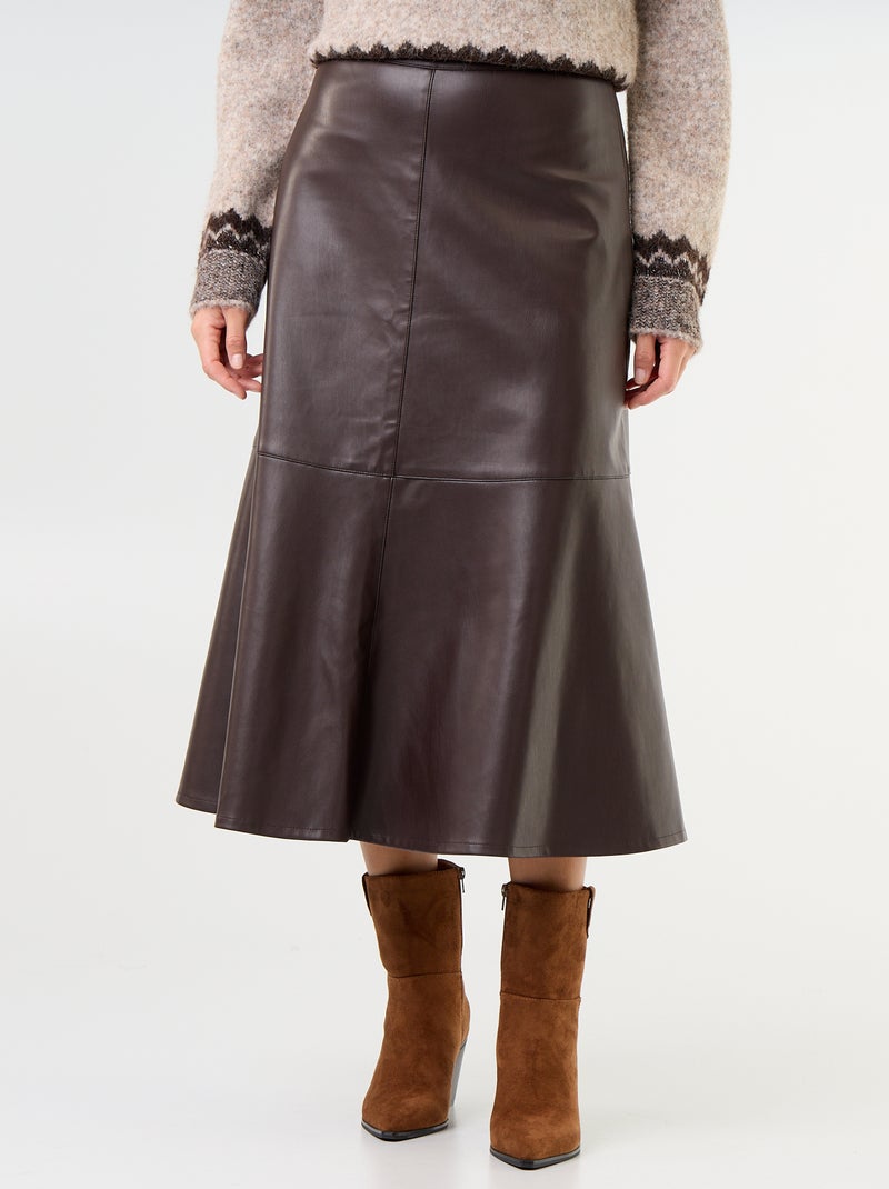 Falda midi de efecto piel con corte trapecio Marron - Kiabi