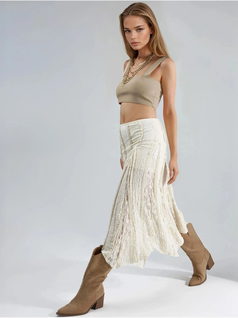 Falda midi de encaje con cintura alta y corte a de busem Beige arcilla - Kiabi