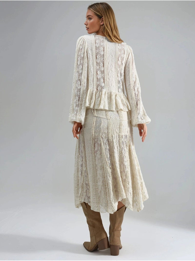 Falda midi de encaje con cintura alta y corte a de busem Beige arcilla - Kiabi