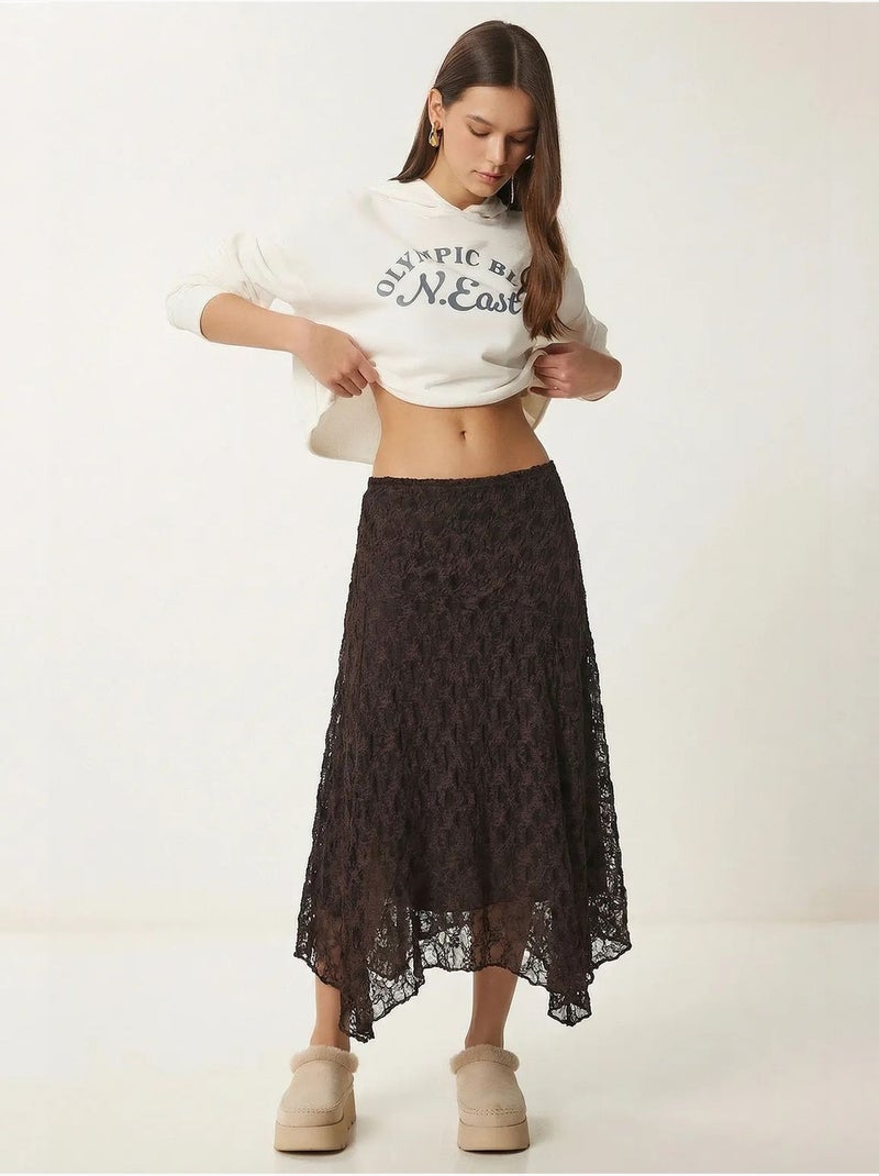 Falda midi de encaje de cintura alta istanbul Marrón chocolate - Kiabi