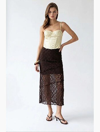 Falda midi de encaje de cintura alta mixray