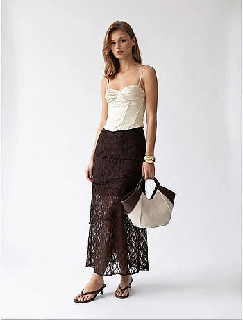 Falda midi de encaje de cintura alta mixray