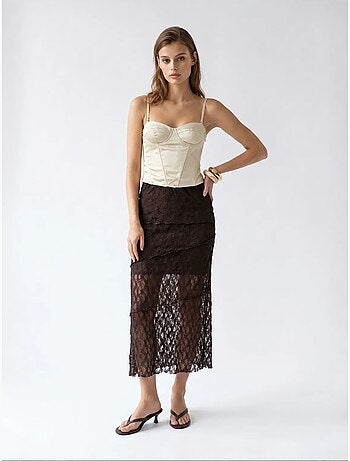 Falda midi de encaje de cintura alta mixray