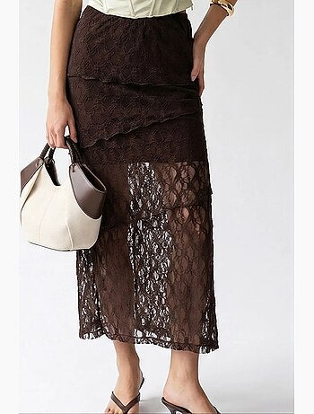 Falda midi de encaje de cintura alta mixray