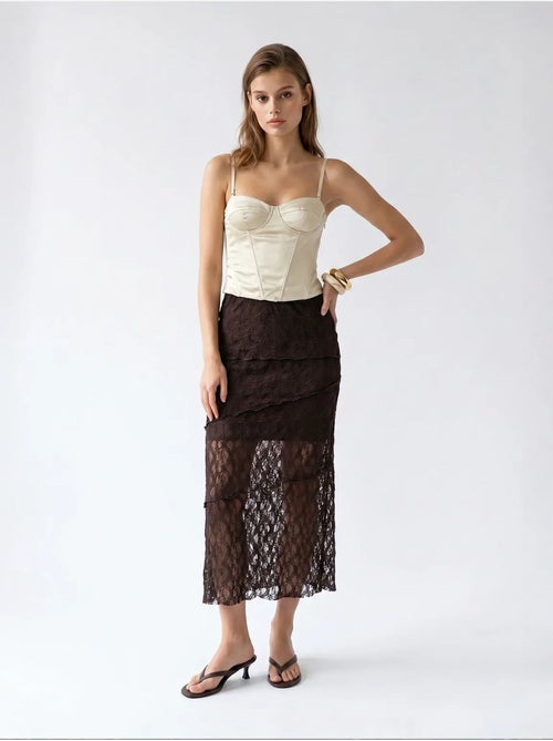 Falda midi de encaje de cintura alta mixray - Kiabi Falda midi de encaje de cintura alta mixray - Kiabi