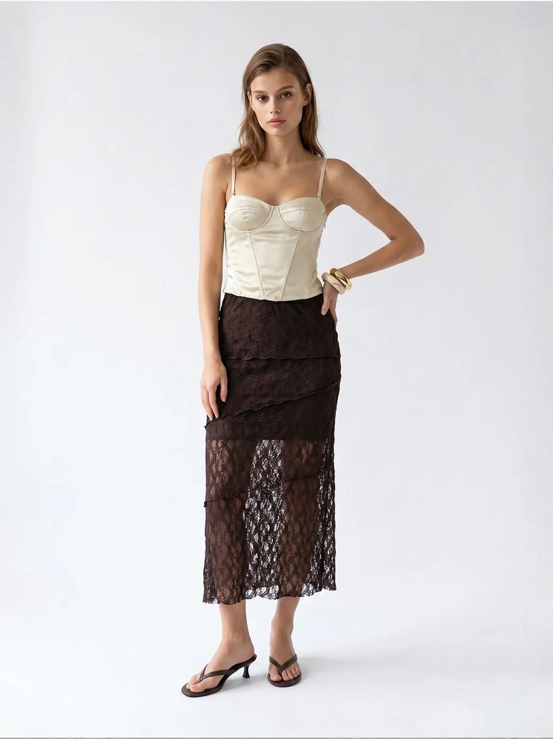 Falda midi de encaje de cintura alta mixray Marrón chocolate - Kiabi