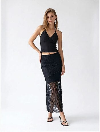 Falda midi de encaje de cintura alta mixray