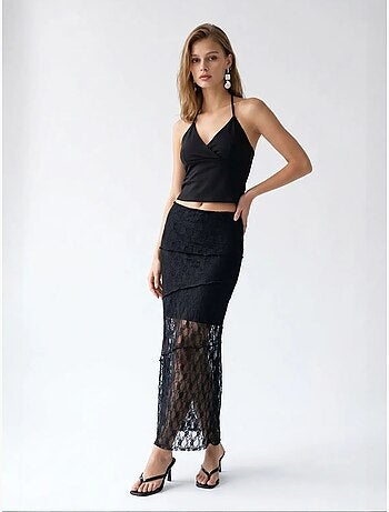 Falda midi de encaje de cintura alta mixray