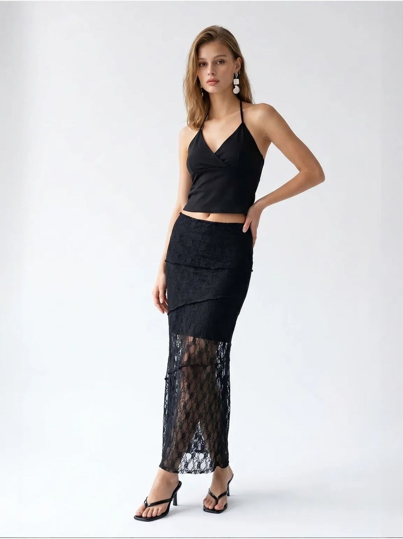 Falda midi de encaje de cintura alta mixray Negro - Kiabi