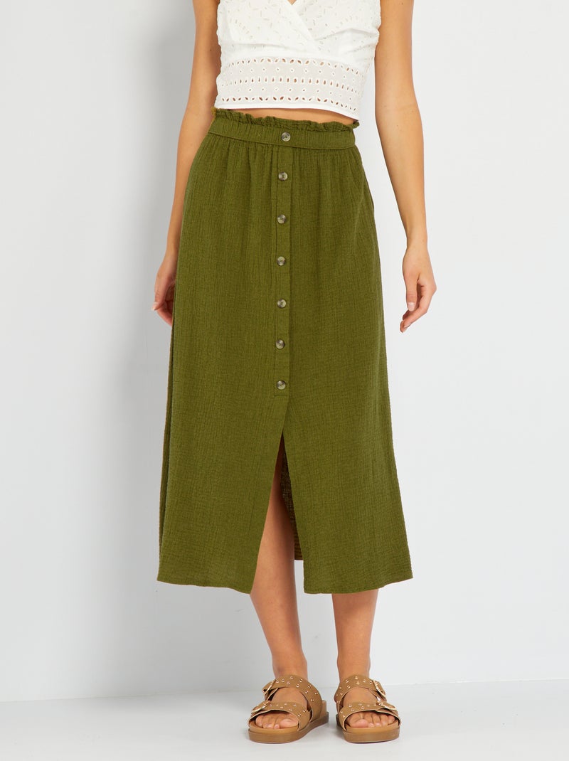 Falda midi de gasa de algodón verde - Kiabi