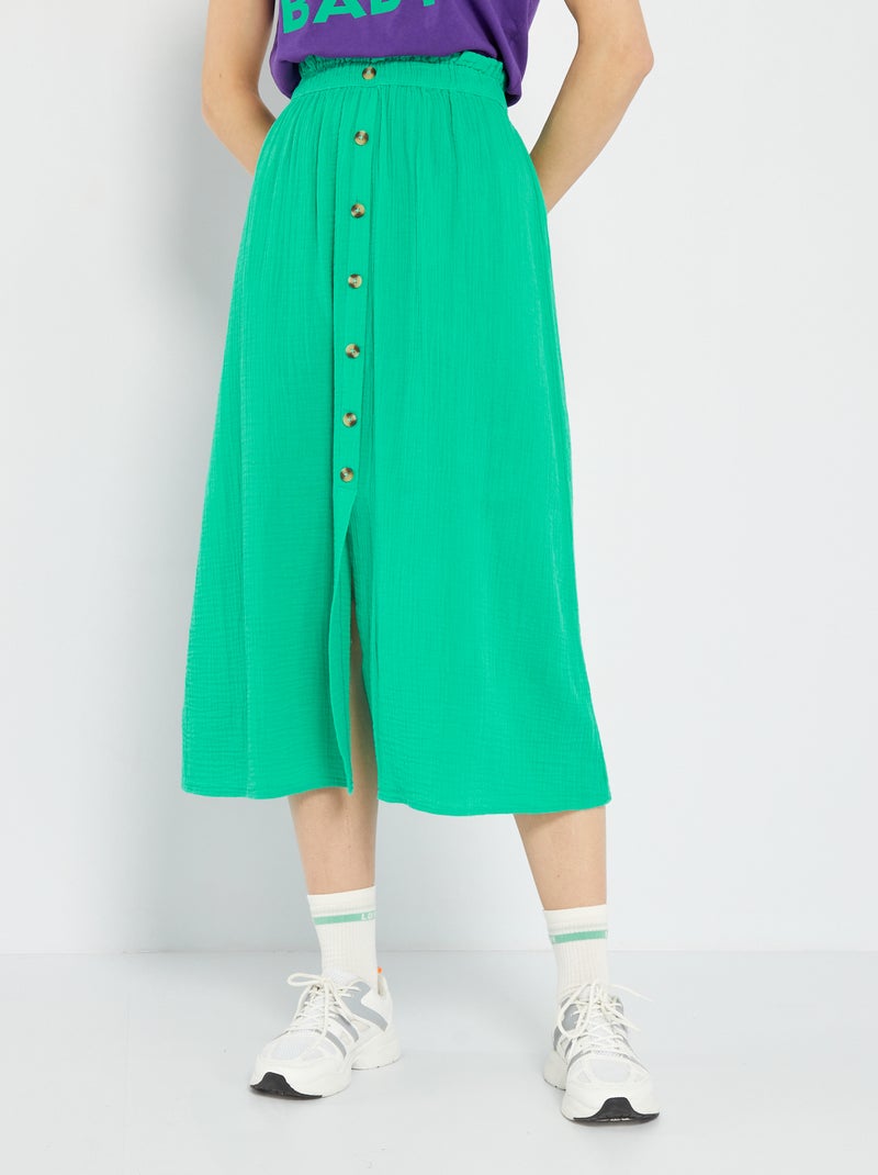 Falda midi de gasa de algodón Verde - Kiabi