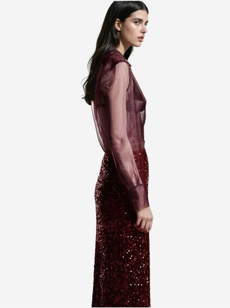 Falda midi de lentejuelas con abertura Rojo burdeos - Kiabi