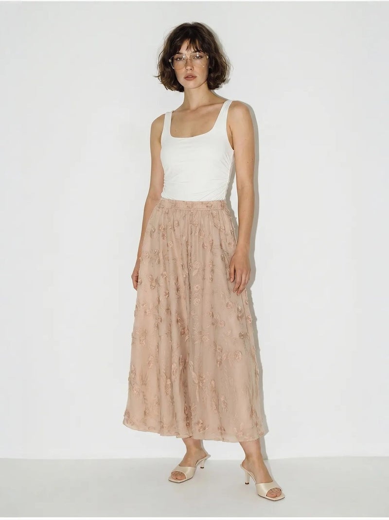 Falda midi de línea a de cintura alta bordada lucci Rosa viejo - Kiabi