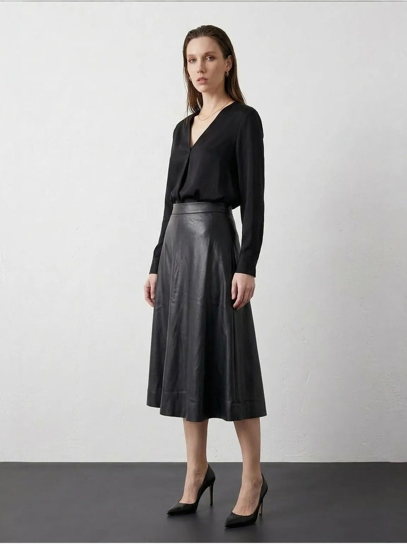 Falda midi de línea a de polipiel y tiro alto my fashion Negro Naranja claro Negro - Kiabi
