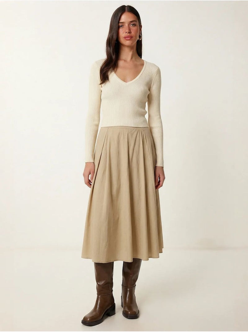 Falda midi de línea a de tiro alto istanbul Beige arcilla - Kiabi