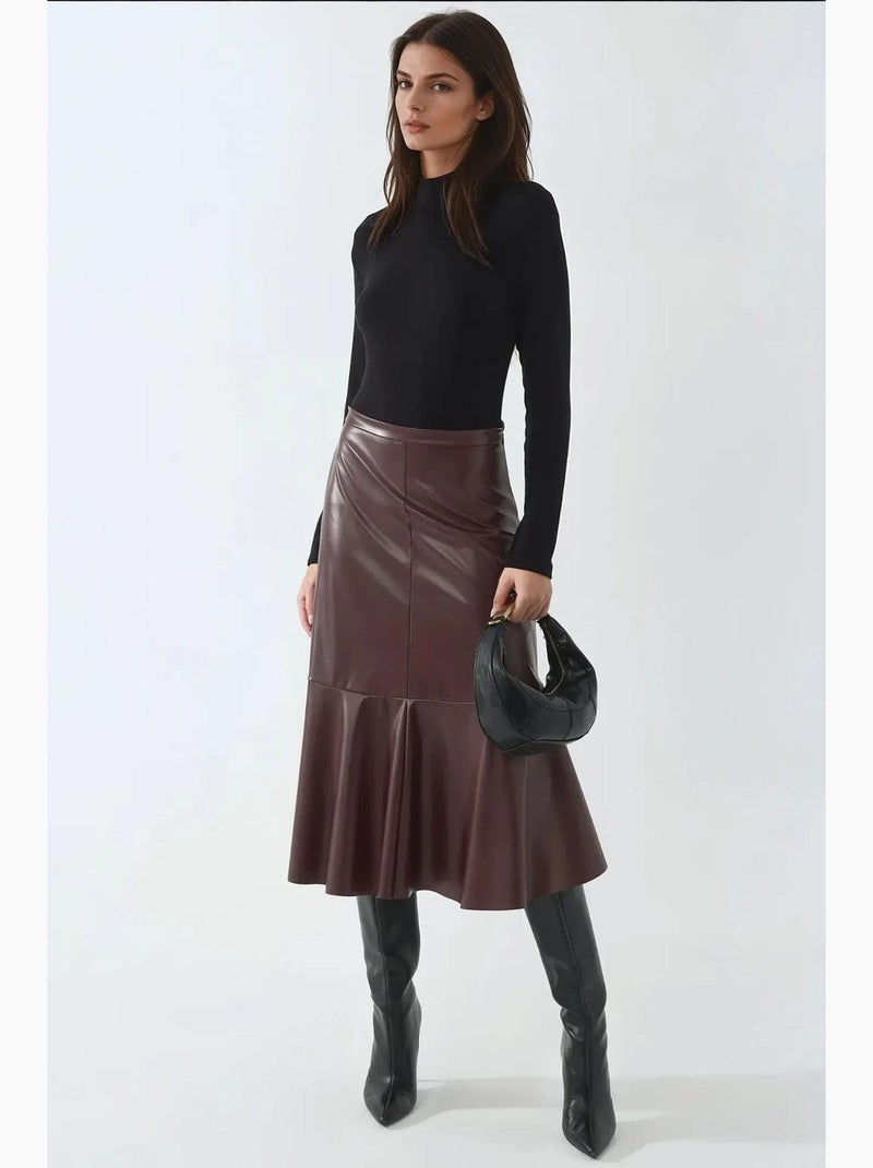 Falda midi de piel sintética con cintura alta hiccup Rojo burdeos - Kiabi
