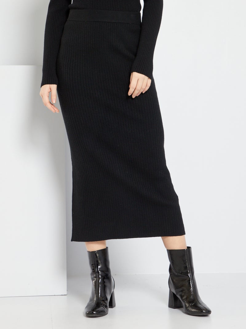 Falda midi de punto de canalé Negro - Kiabi