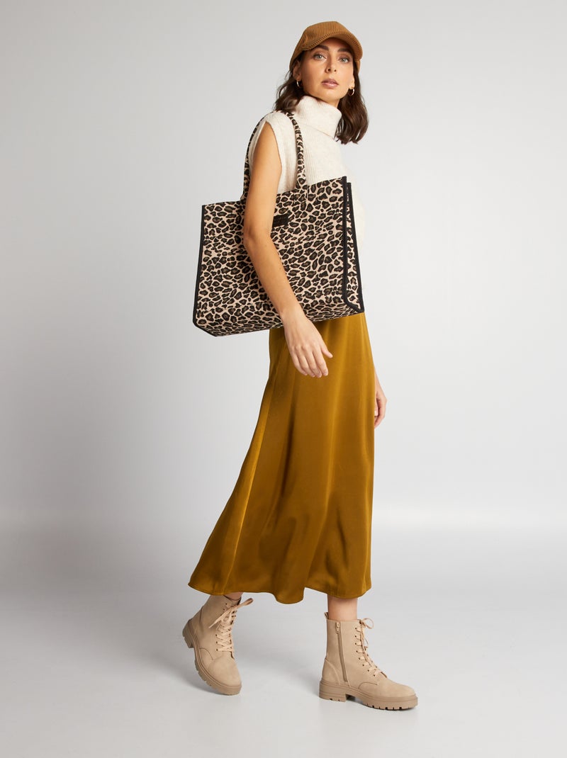 Falda midi de raso Marrón - Kiabi