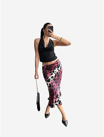 Falda midi de rayas de leopardo mixray