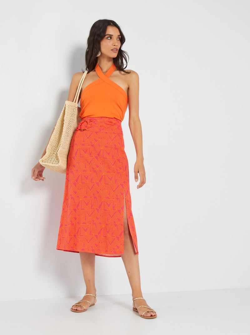 Falda midi estampada de lino ROSA - Kiabi