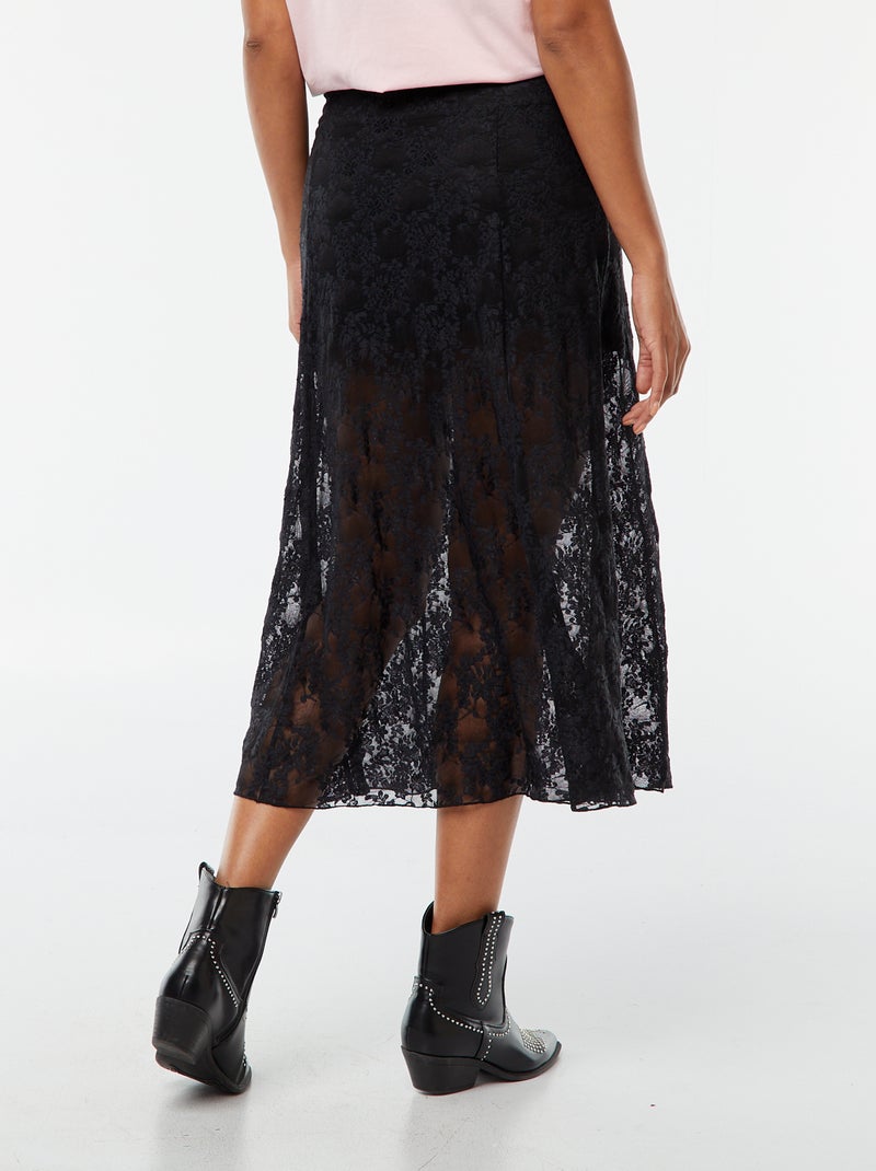 Falda midi evasé de encaje calado negro - Kiabi