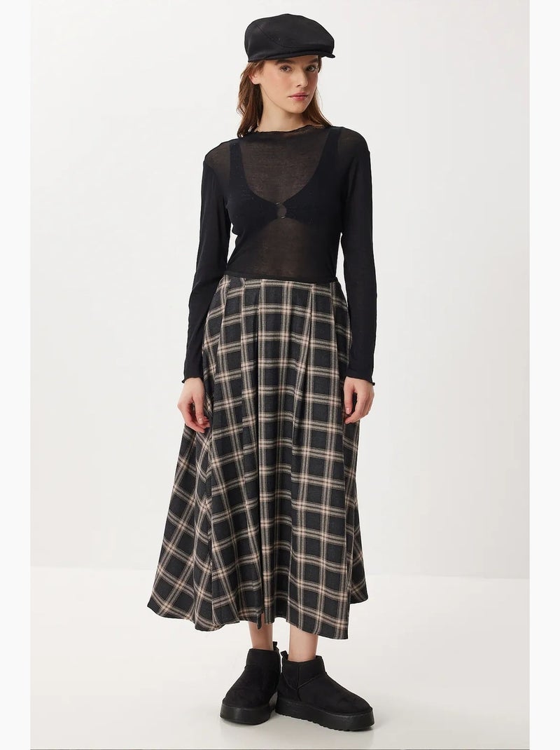 Falda midi evasé plisada de cuadros istanbul Negro/Arena - Kiabi