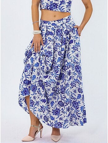 Falda midi floral de talle alto en línea a con pliegues busem