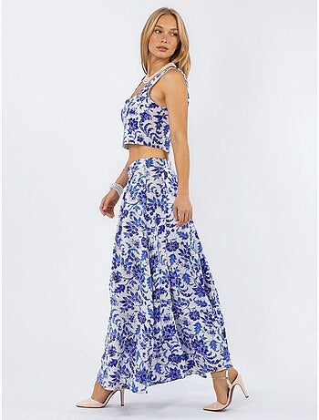 Falda midi floral de talle alto en línea a con pliegues busem