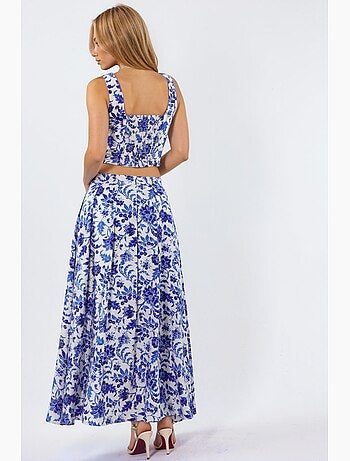 Falda midi floral de talle alto en línea a con pliegues busem