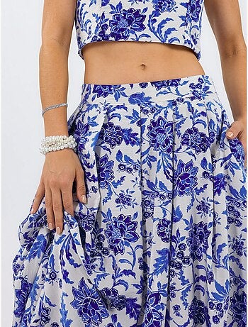 Falda midi floral de talle alto en línea a con pliegues busem