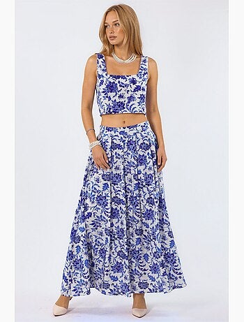 Falda midi floral de talle alto en línea a con pliegues busem