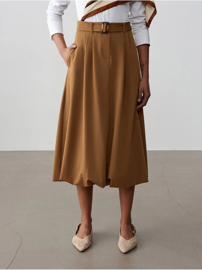Falda midi globo de tiro alto con cinturón dilvin Camel - Kiabi