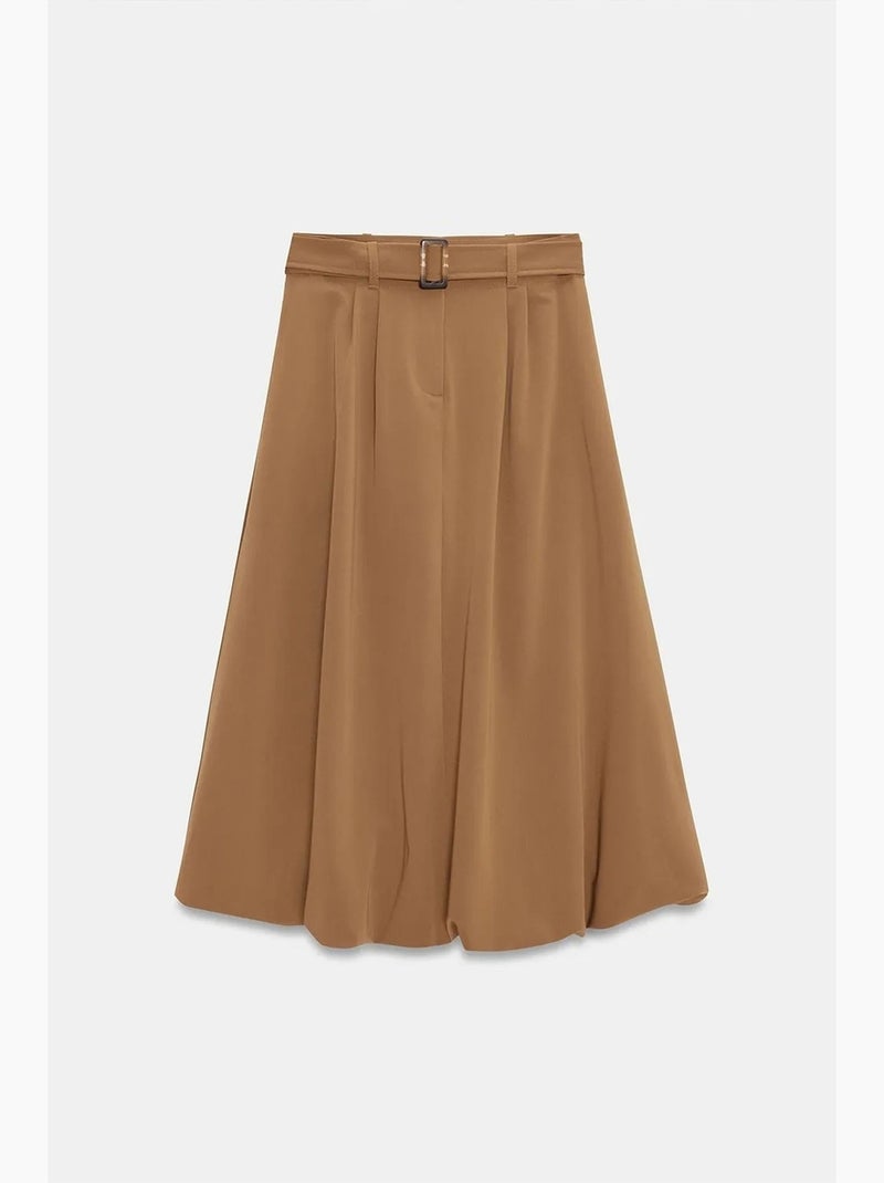 Falda midi globo de tiro alto con cinturón dilvin Camel - Kiabi