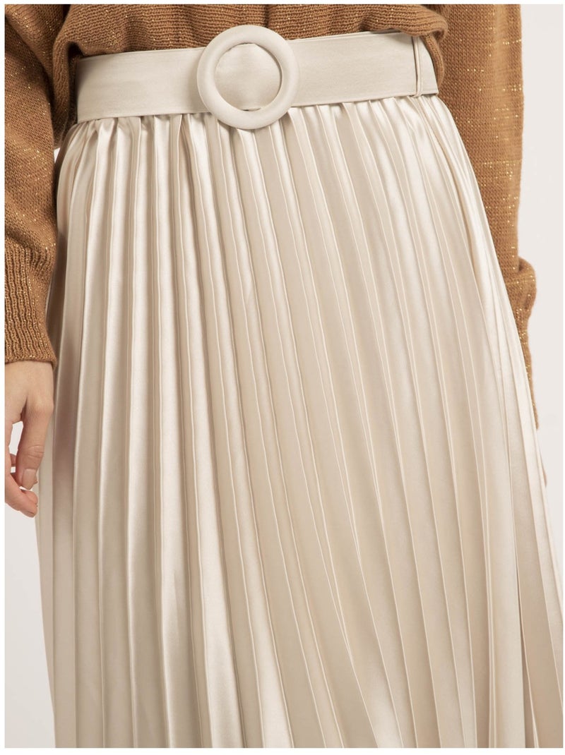 Falda midi plisada de satén con cinturón XOLIA Beige - Kiabi