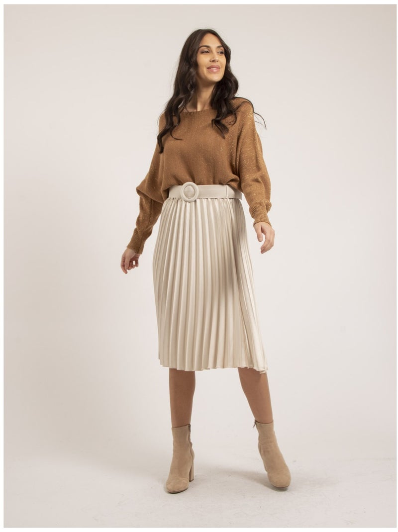 Falda midi plisada de satén con cinturón XOLIA Beige - Kiabi