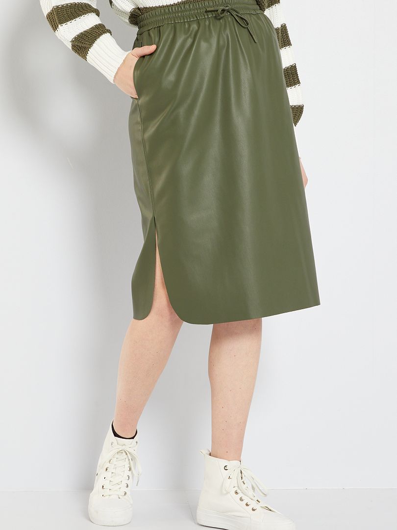 Falda midi sintética verde oscuro - Kiabi