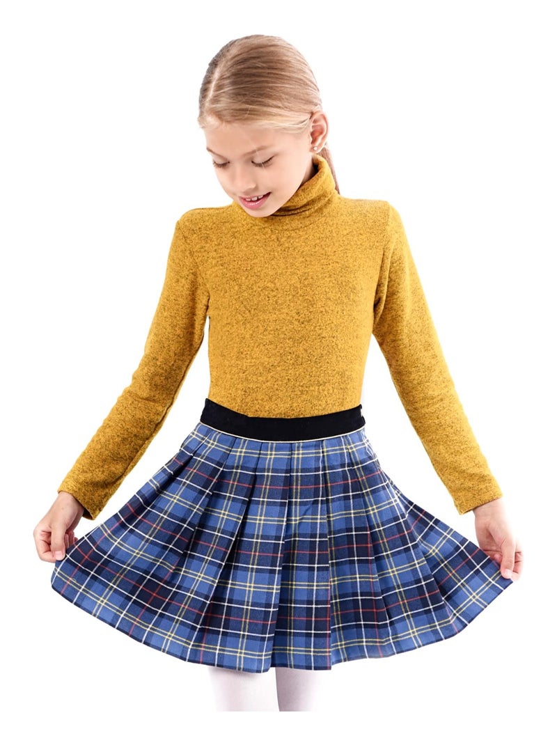 Falda Plisada de Invierno para Niña | Cuadros Tartan Azul Real | LONDON Azul Amarillo Gris - Kiabi