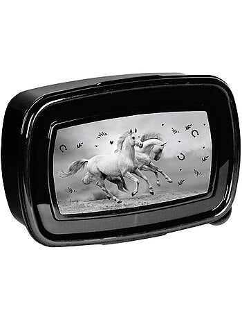 Fiambrera con tapa articulada 18 cm caballos blanco y negro cmp