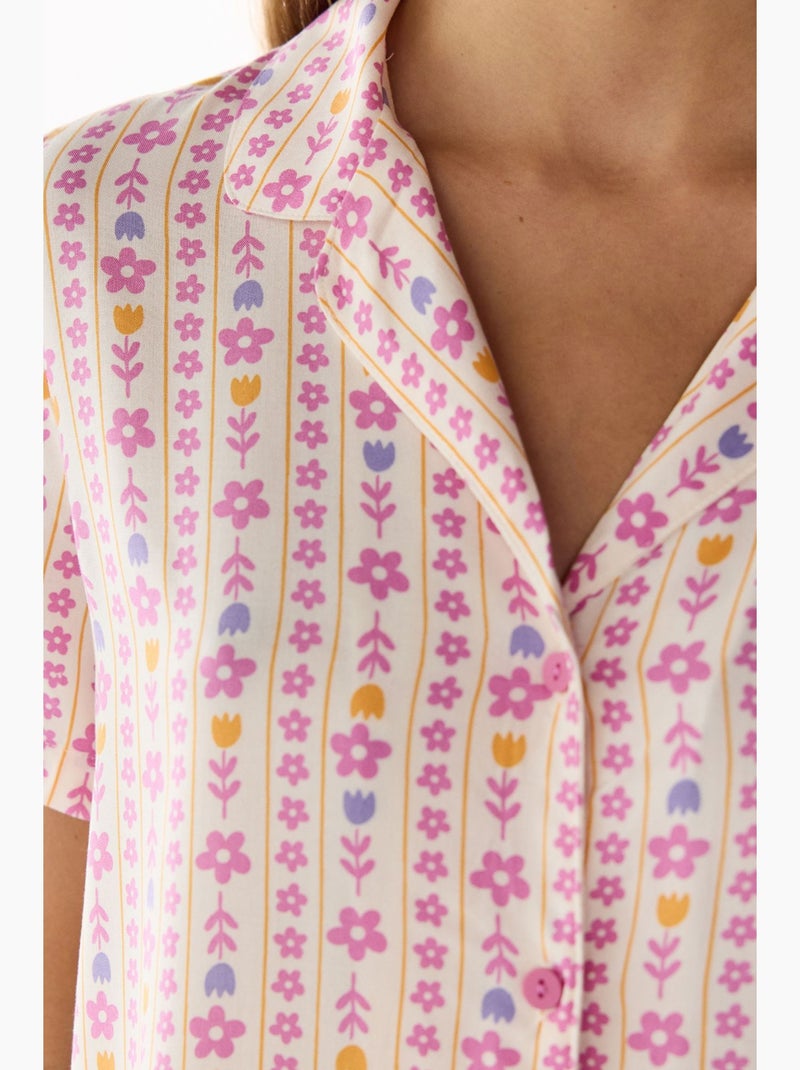 Flora pijama de camisa y pantalón con estampado floral, manga corta penti Blanco - Kiabi