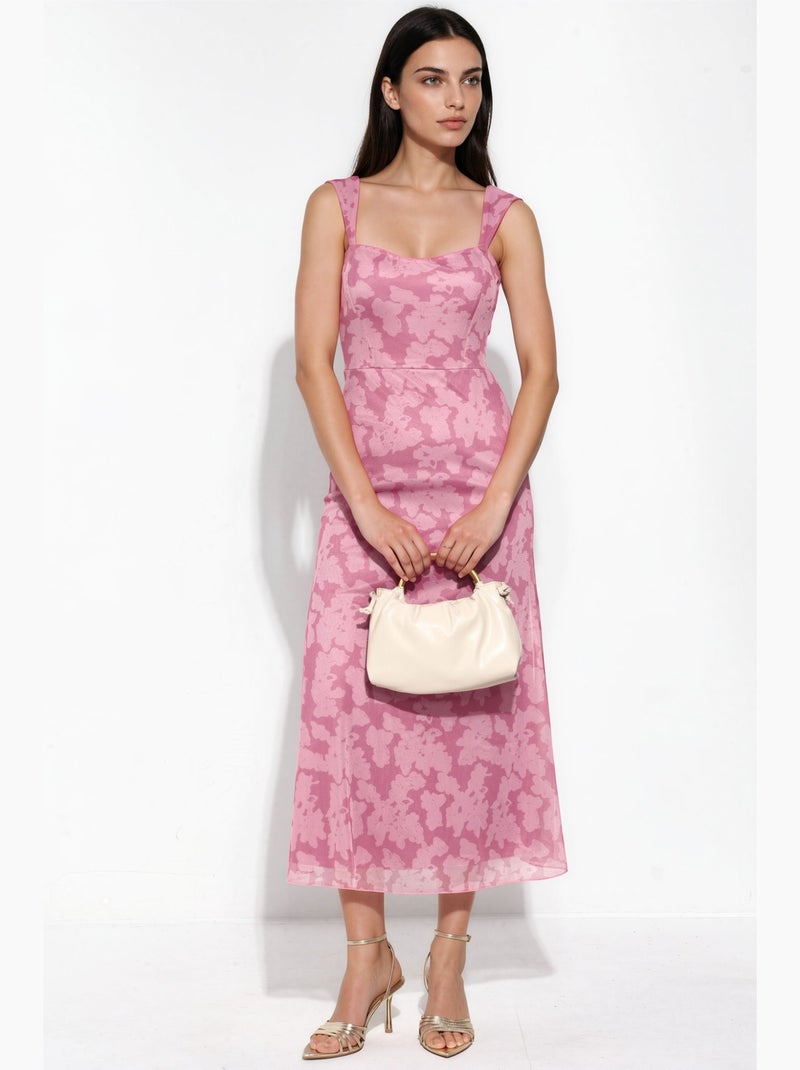 Floral a-line midi dress with square collar hiccup Rosa almendra - Kiabi