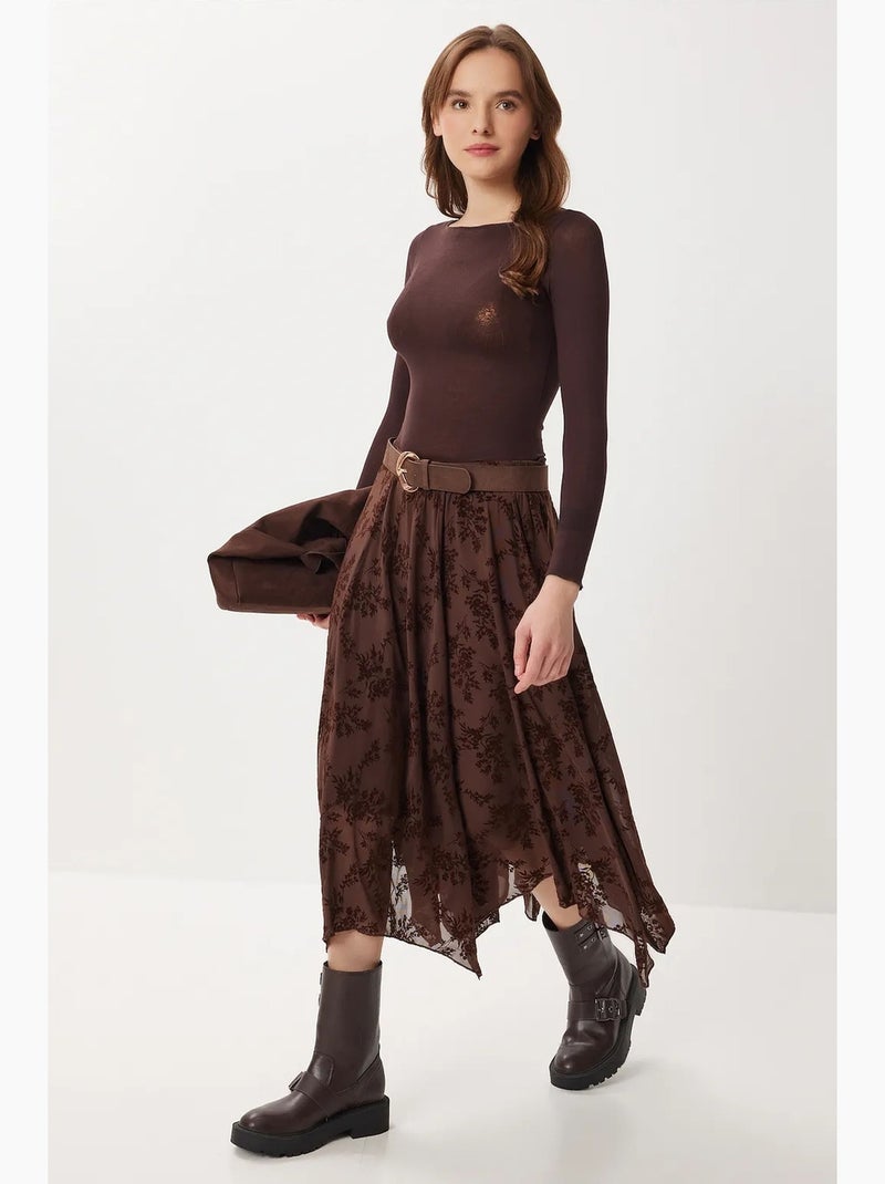 Floral high waist midi a-line skirt with belt istanbul Marrón chocolate - Kiabi