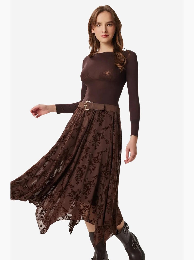 Floral high waist midi a-line skirt with belt istanbul Marrón chocolate - Kiabi