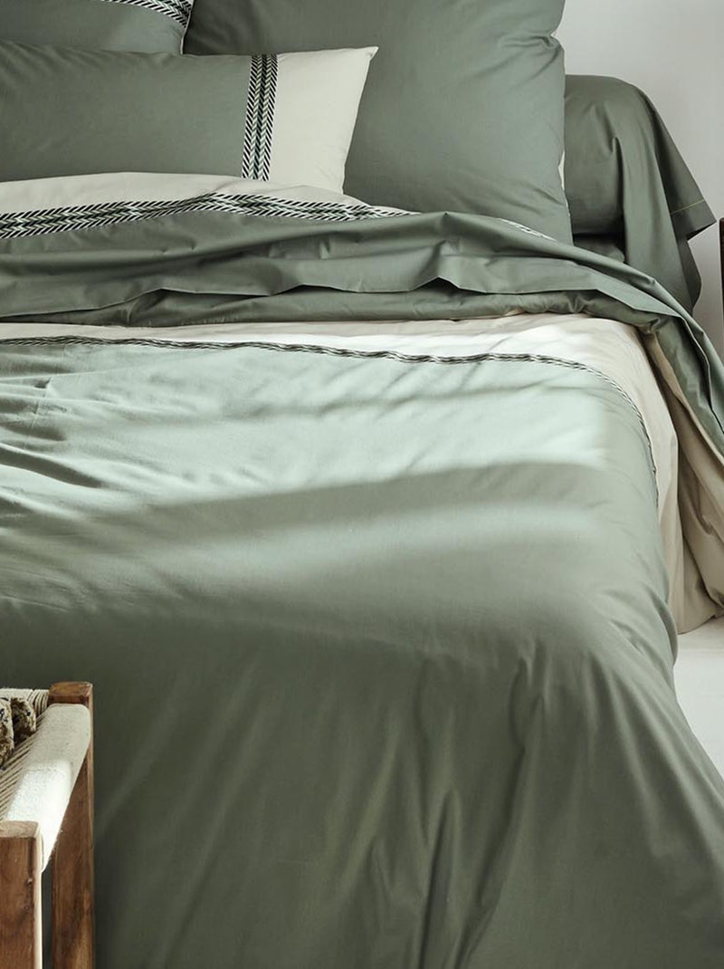 Funda de almohada de algodón percal con cinta geométrica Verde oliva - Kiabi