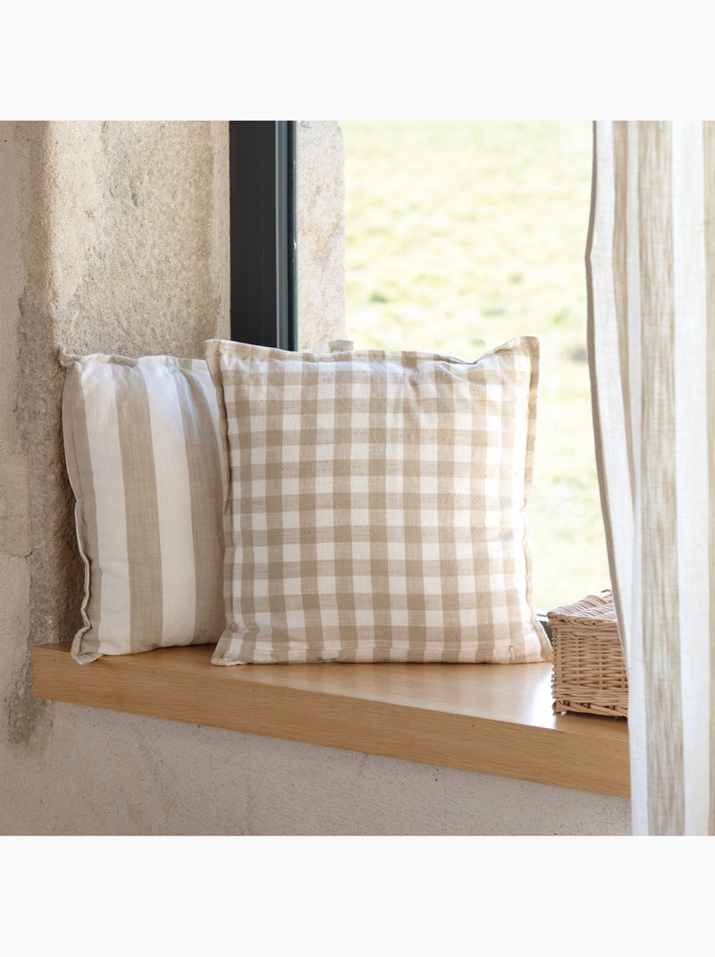 Funda de cojín 100% algodón rayas y guinga LOURMARIN Beige - Kiabi