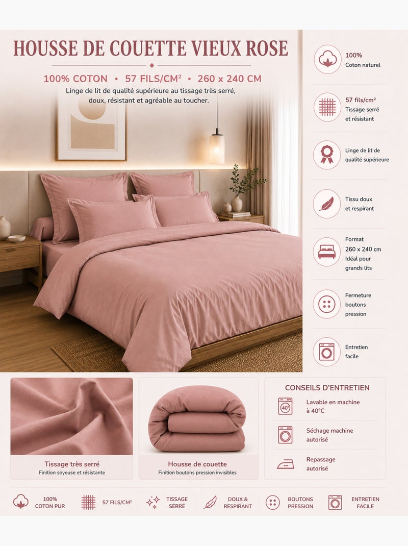 Funda nórdica – 100% algodón 57 hilos/cm² – calidad superior Rosa viejo - Kiabi