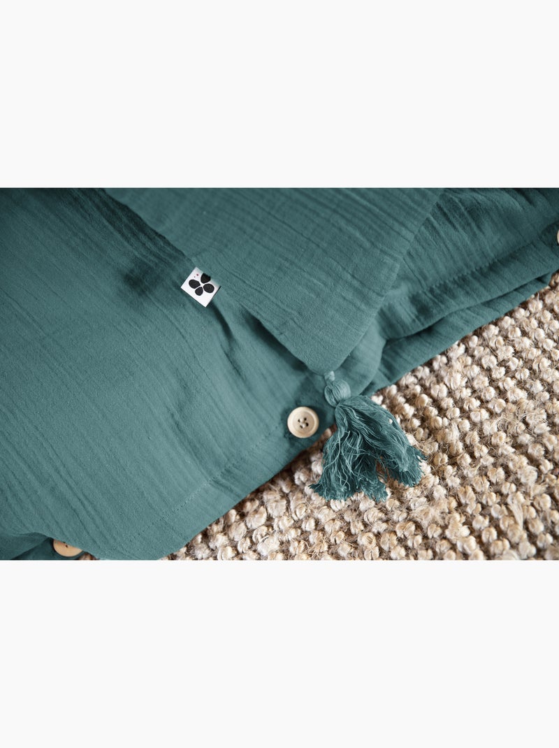 Funda nórdica – doble gasa de algodón - acabado botones de madera - gaïa Azul petróleo - Kiabi