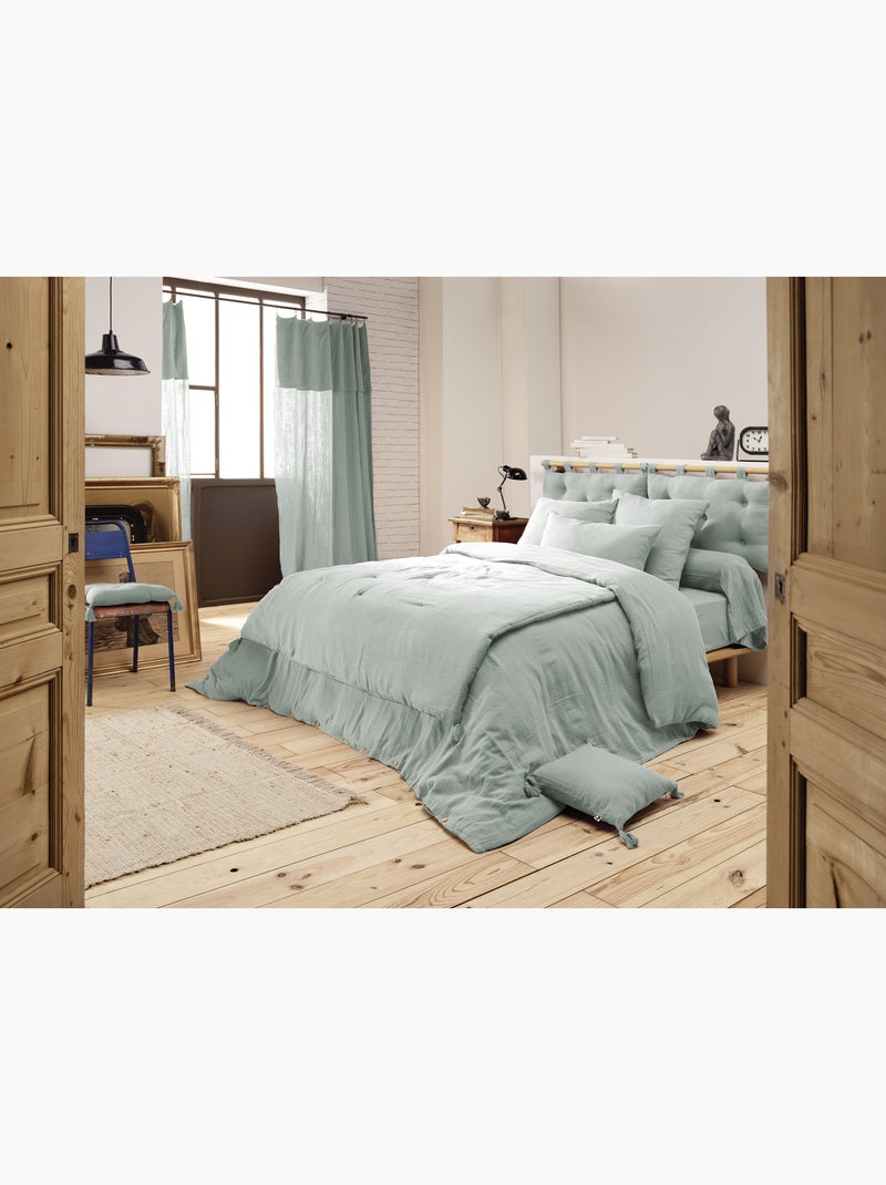 Funda nórdica – doble gasa de algodón - acabado botones de madera - gaïa Verde eucalipto - Kiabi