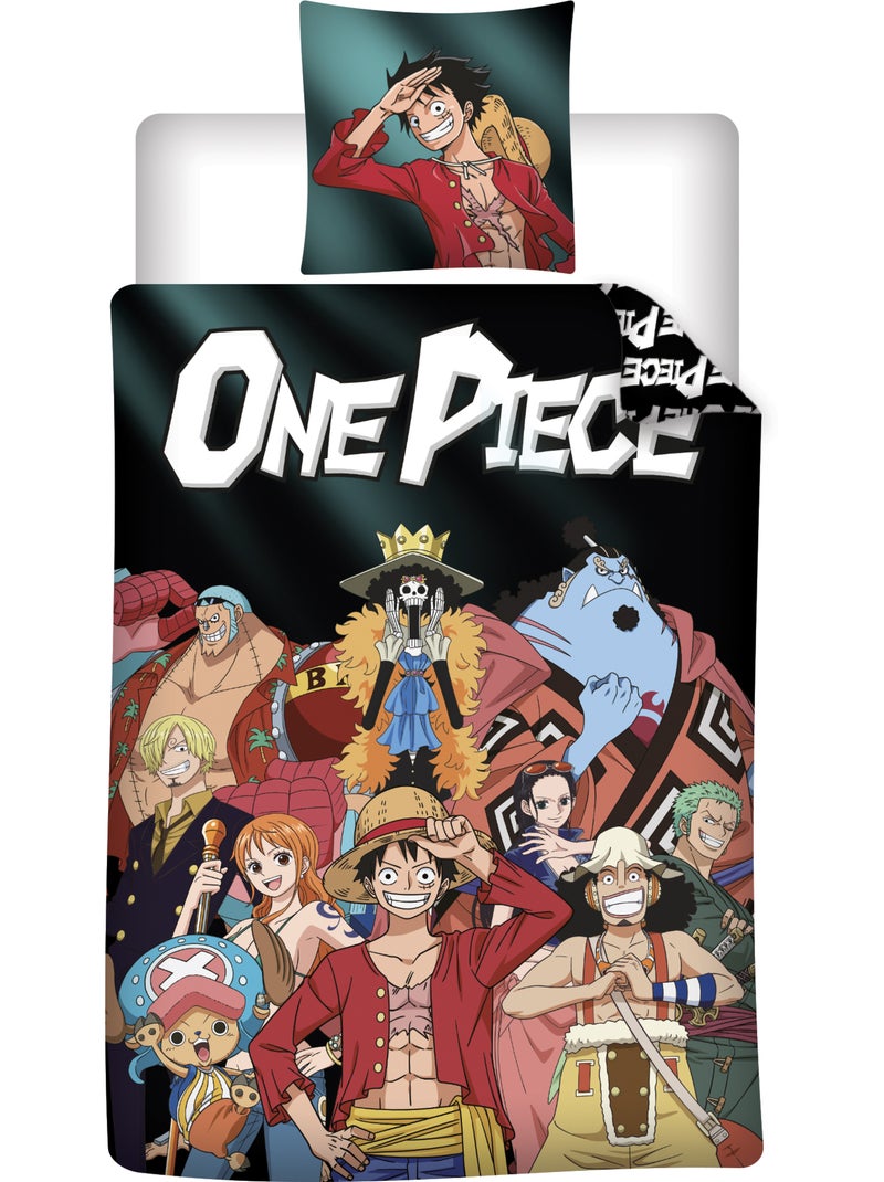 Funda Nórdica One Piece 140x200cm + Funda Almohada 65x65cm – Tripulación Sombrero de Paja – Policotó Negro Burdeos - Kiabi