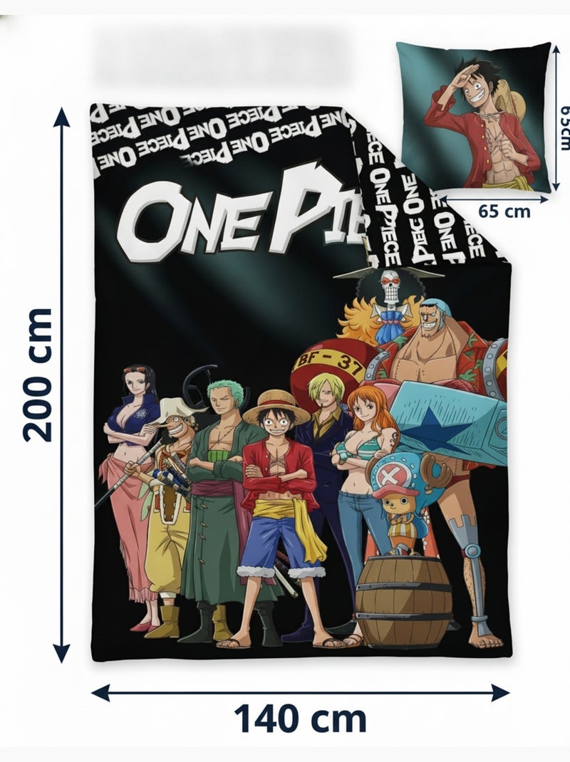 Funda Nórdica One Piece 140x200cm + Funda Almohada 65x65cm – Tripulación Sombrero de Paja – Policotó Negro Burdeos - Kiabi
